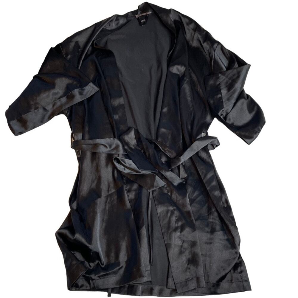 VICTORIAS SECRET Black‎ Satin Dressing Gown Robe Small Medium S/M Half Sleeve